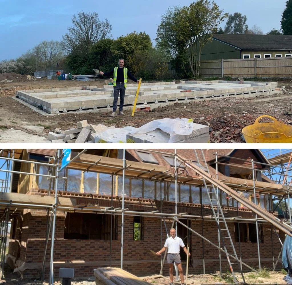 Concrete foundations set out on a cleared plot, and the same new build later in brickwork behind scaffolding