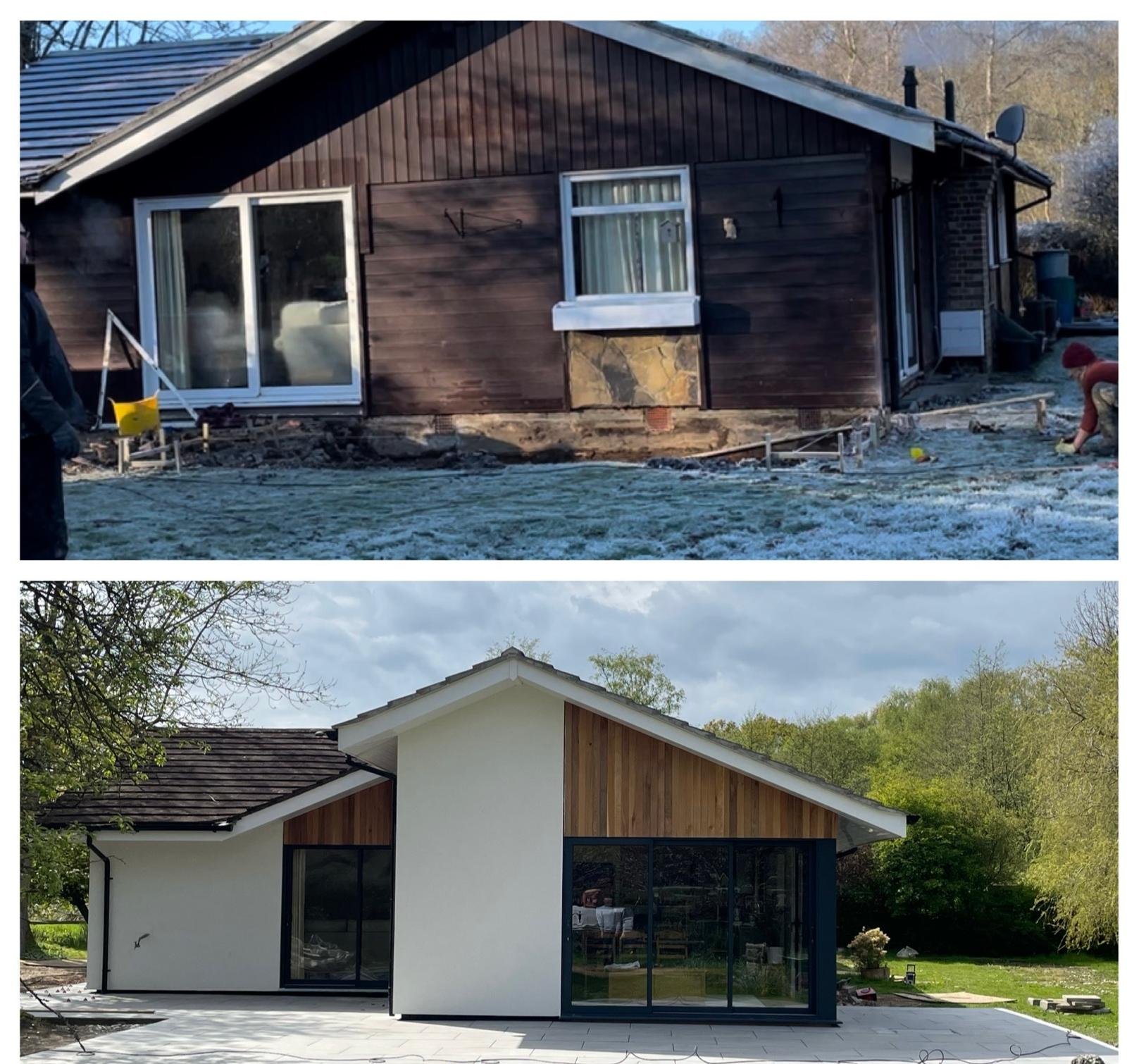 A tired timber clad bungalow before work, and the same house after refurbishment in white render and cedar