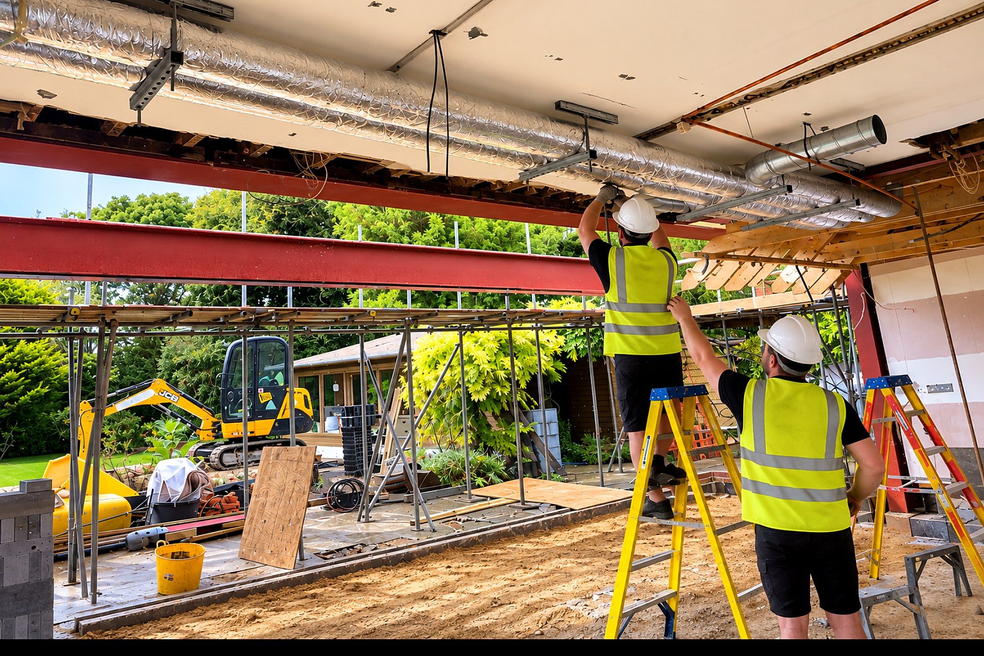 Two I.C Developments team members in hi-vis and hard hats fitting ductwork beneath a new steel beam on a Surrey extension